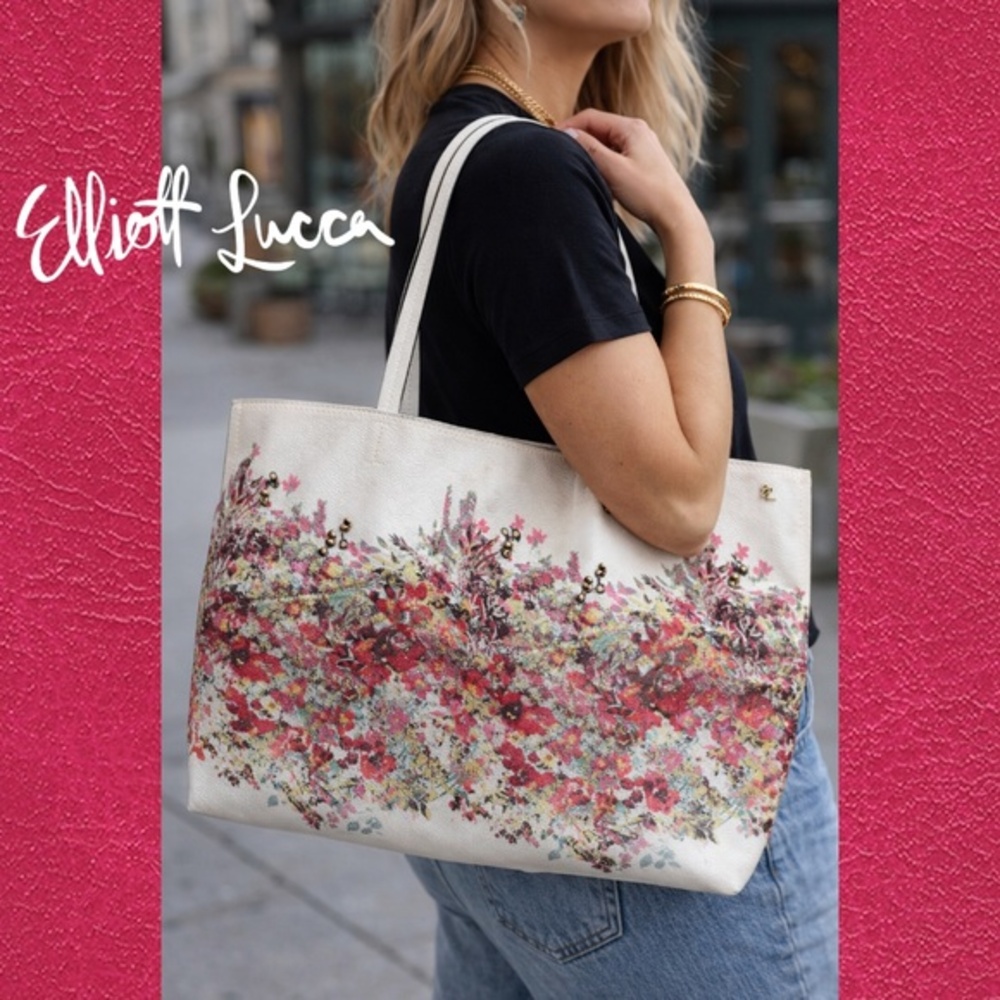 Elliott Lucca Floral Pebbled Faux Leather Tote Bag Pink White Work Travel